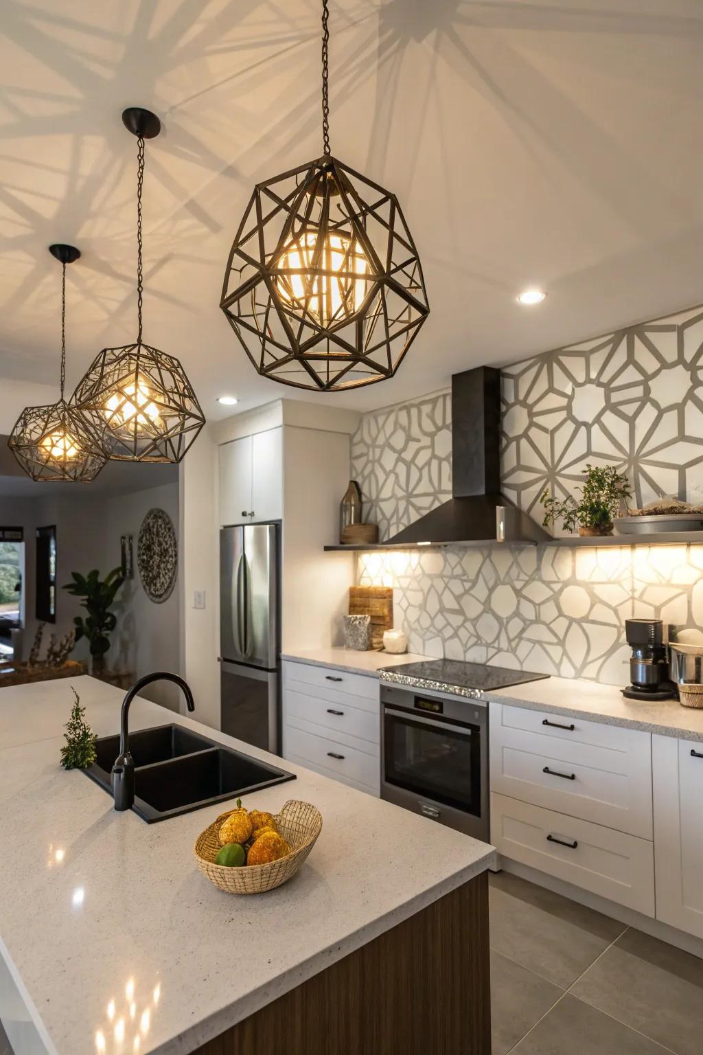 Geometric luminaire designs serve as breathtaking ceiling adornments in this elegant culinary space.