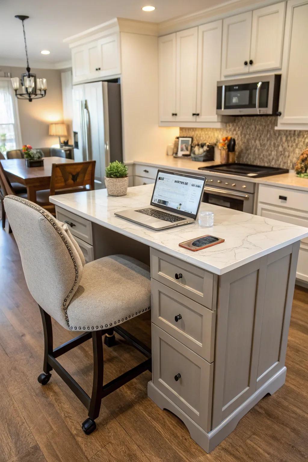 A kitchen island skillfully integrating a home office segment.