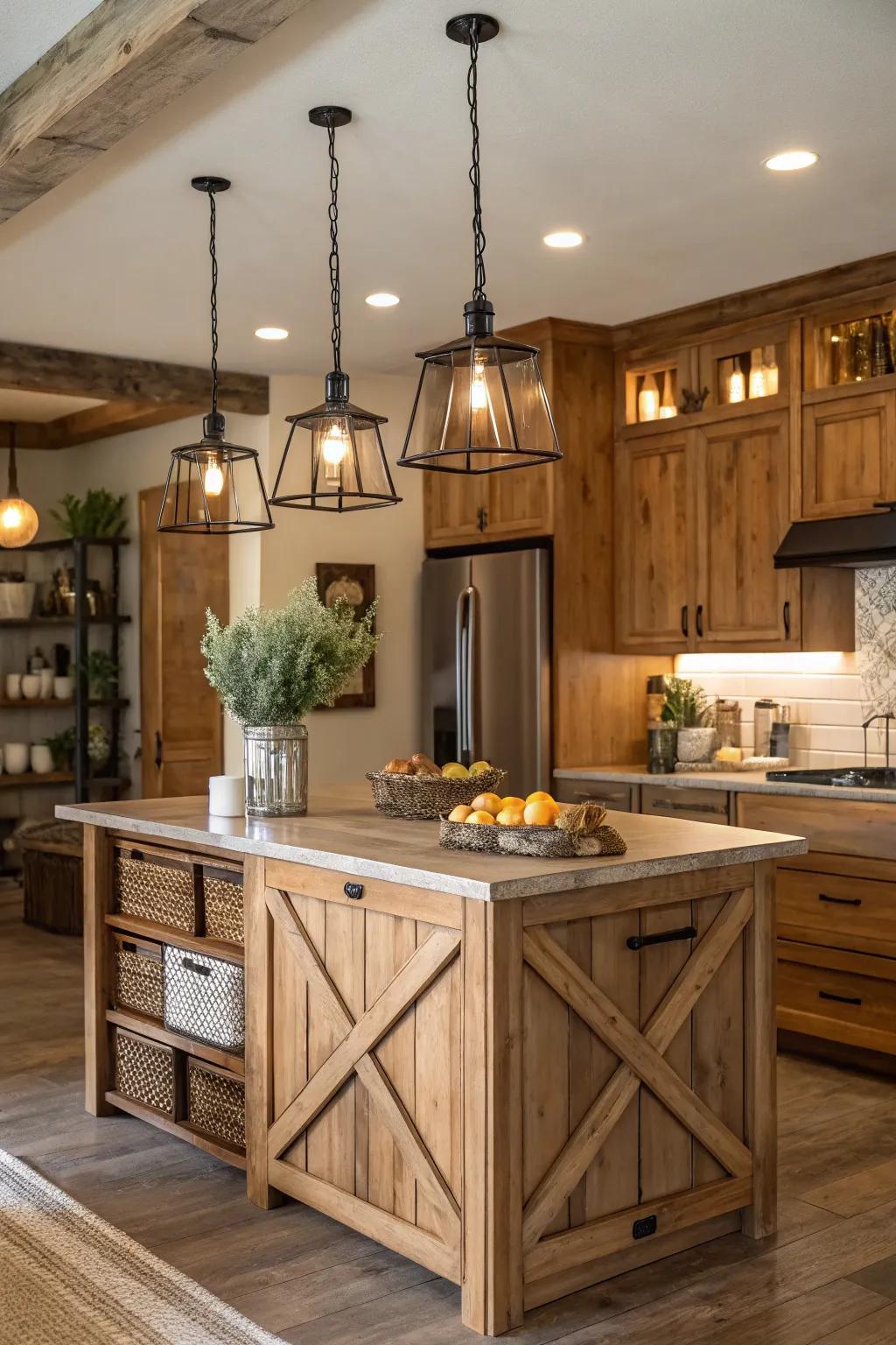 Rustic pendant luminaires contribute warmth and charm.