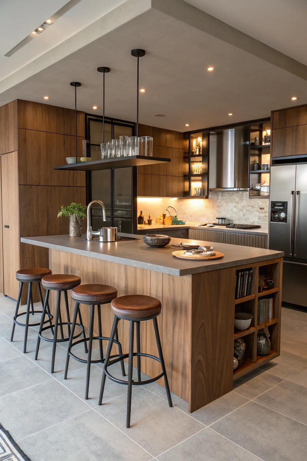 Island seating converts the kitchen into a sociable environment.