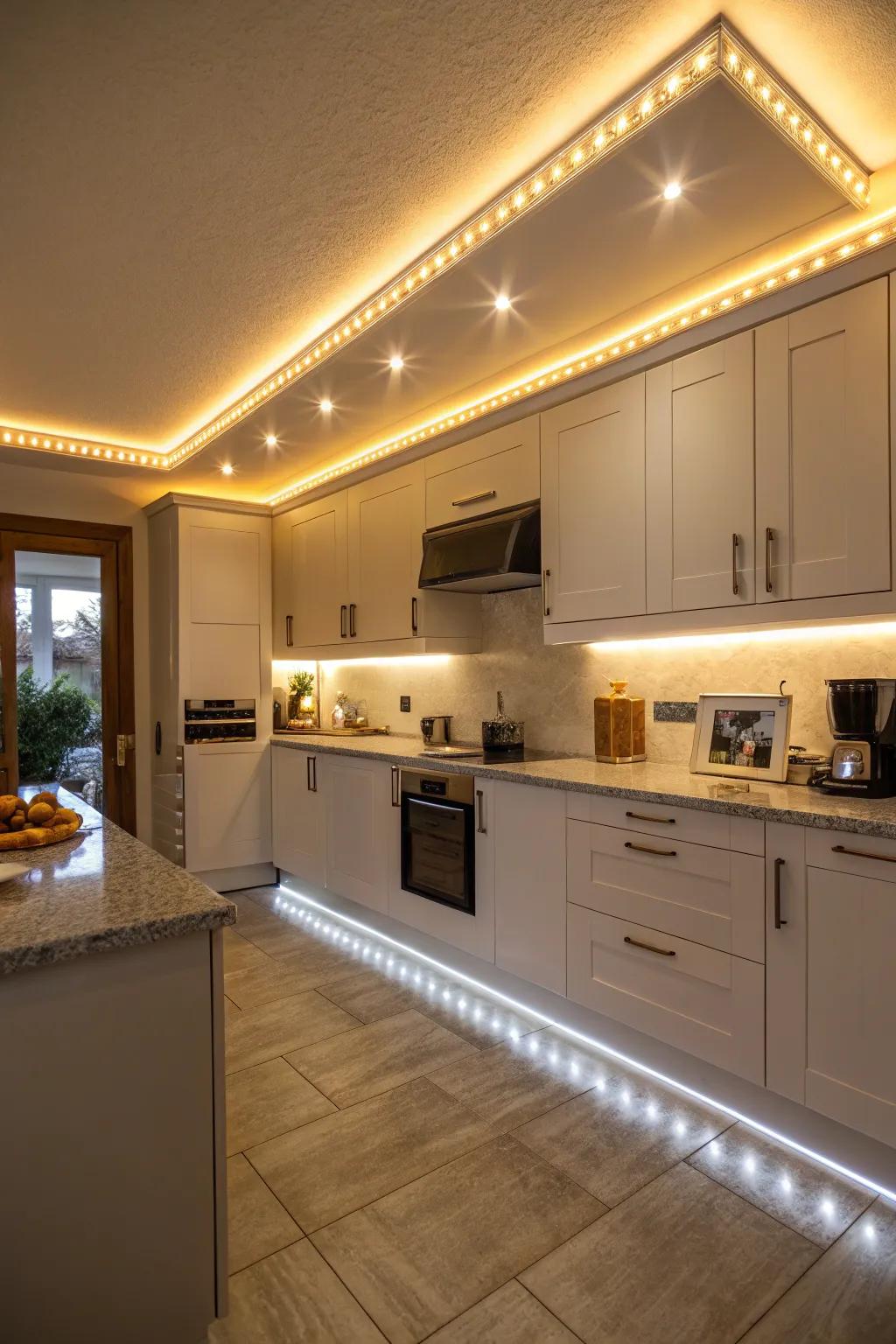 Your kitchen will have an appealing ambiance thanks to LED strip lights.