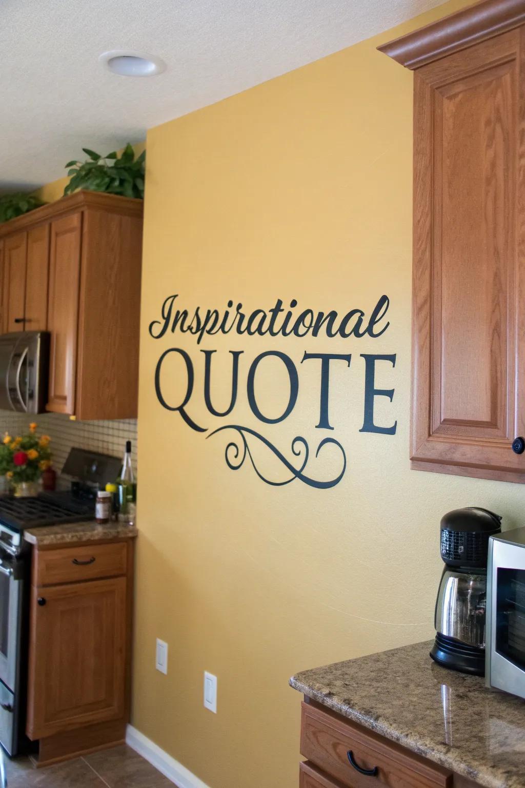 A kitchen wall decorated with an elegant quote, exuding character and warmth.