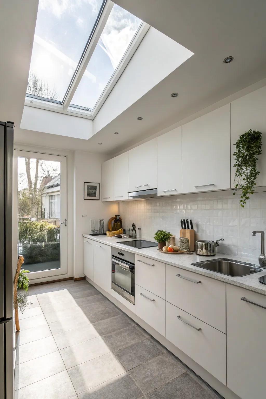 The streamlined design of a minimalist kitchen is elevated through the sophisticated addition of a skylight.