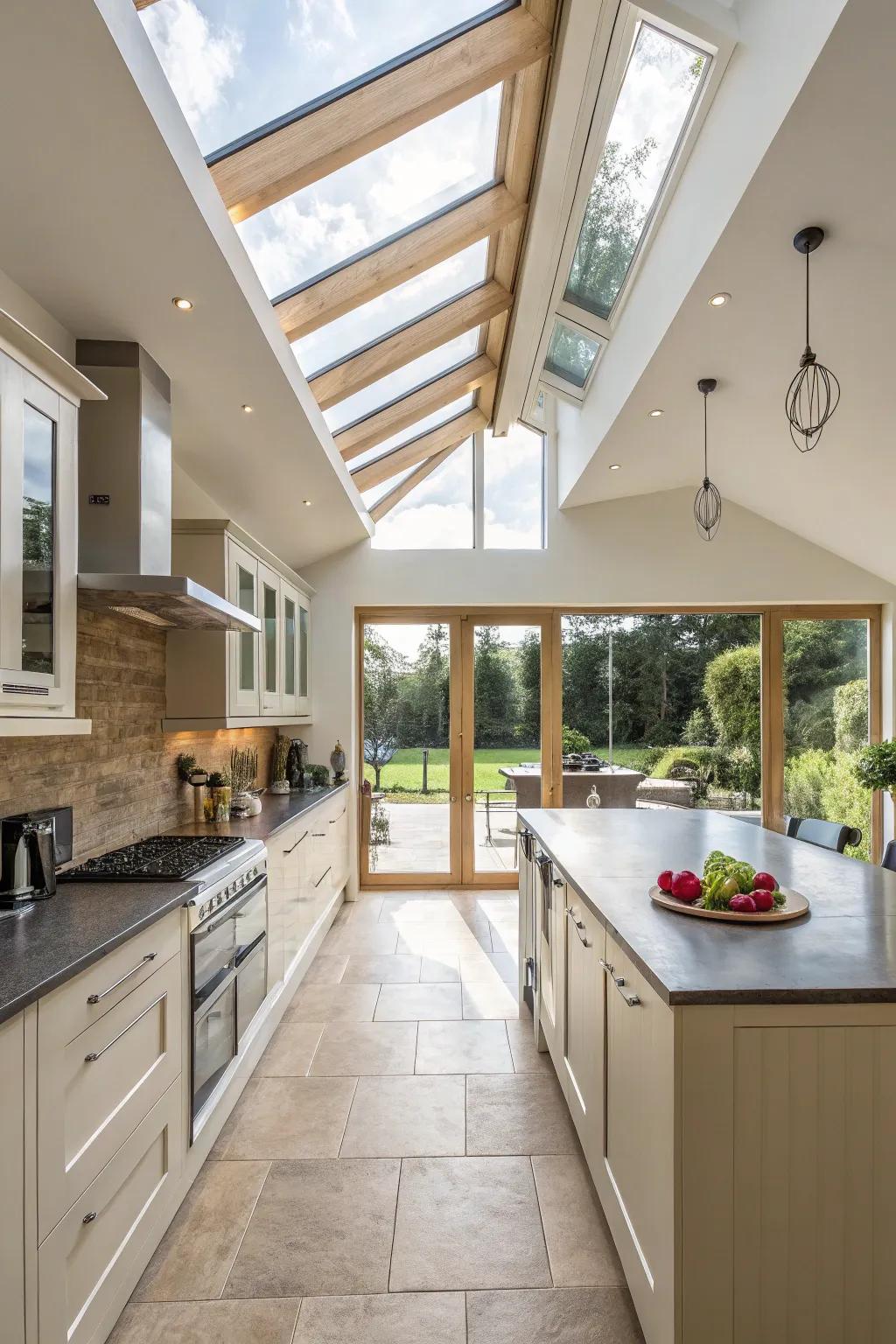 Skylights bathe this kitchen in light, accentuating the vaulted ceiling and its open-concept design.