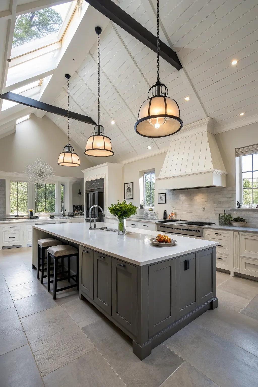 Eye-catching hanging lights illuminate and enhance the kitchen's vertical dimension.