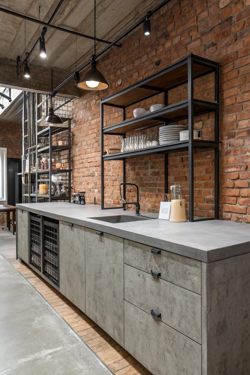Cement-look overlays cultivate a contemporary, industrial kitchen atmosphere.