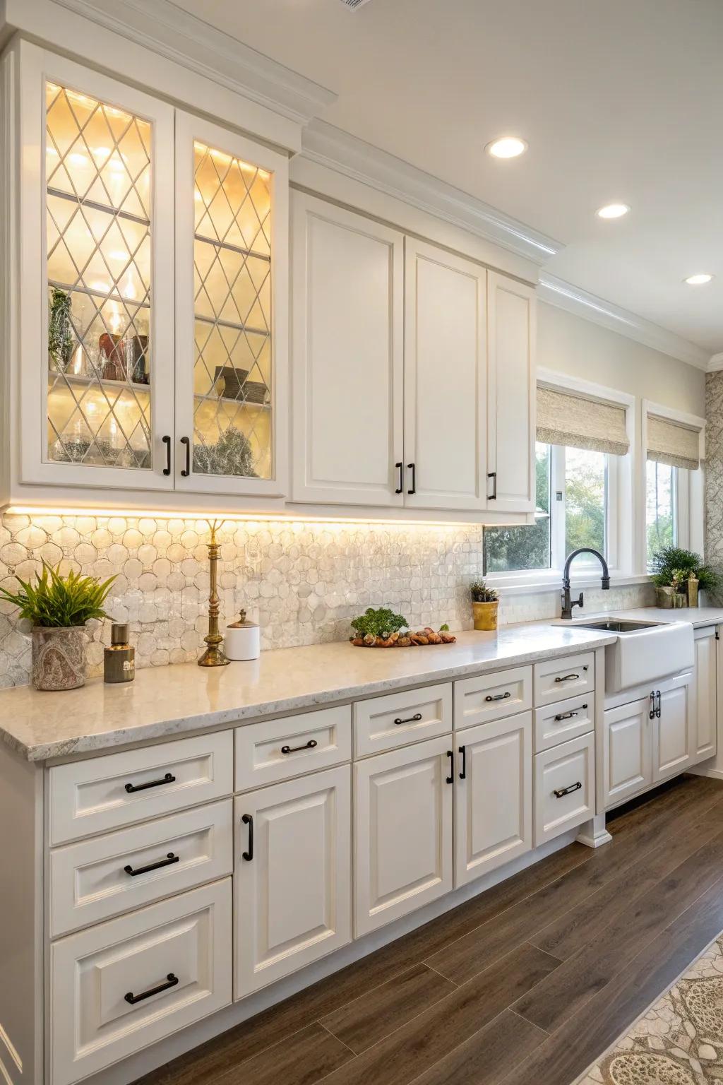 Radiant ivory cabinets matched with laminate backsplash to create a roomy effect.