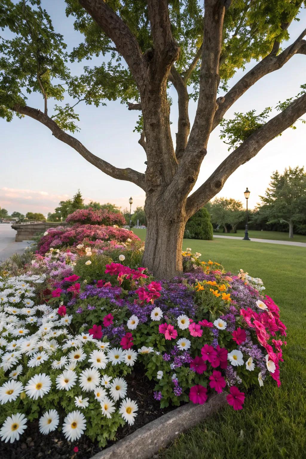Illuminate your tree's setting with a vibrant flower patch.