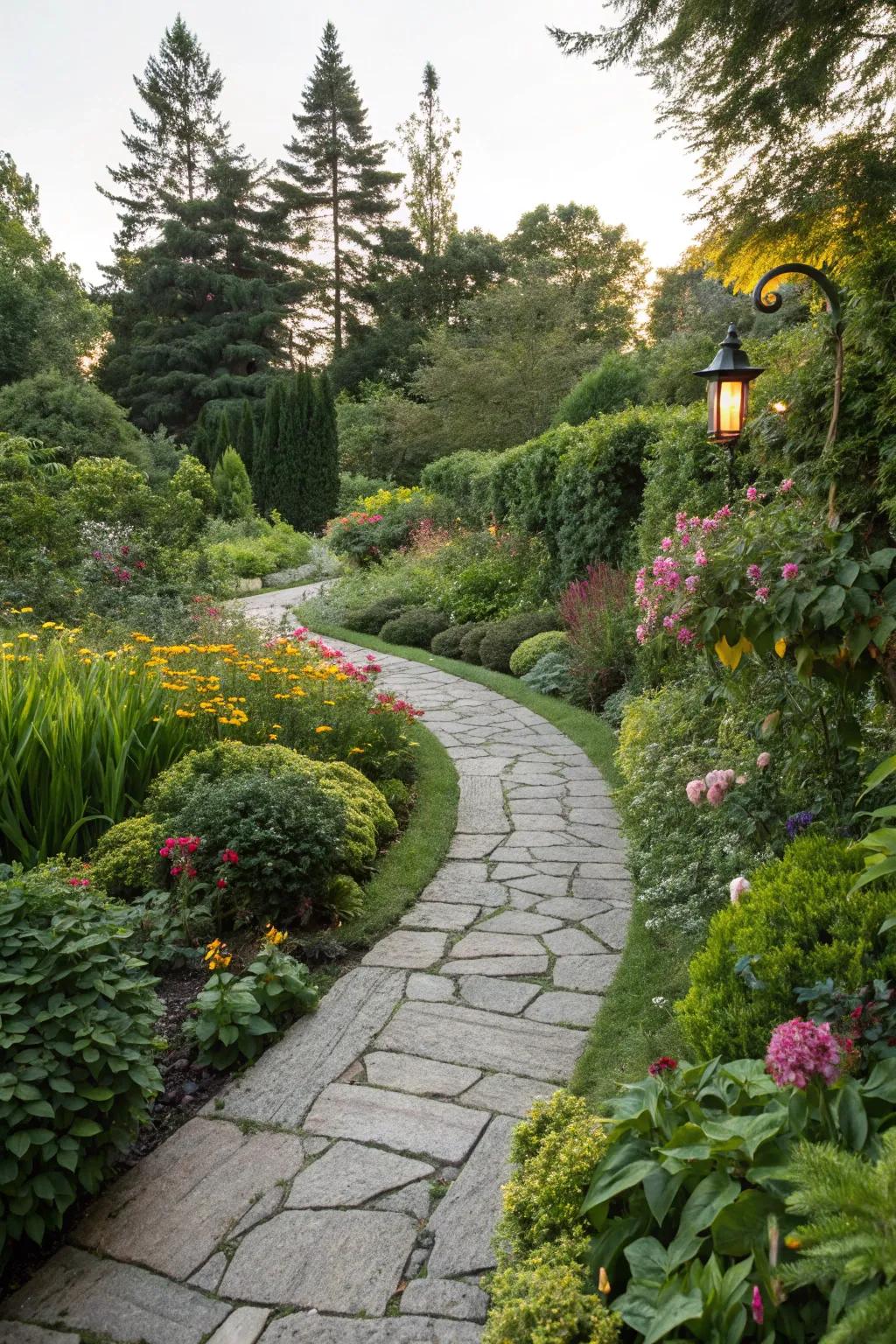 A garden path meandering through verdant flora, beckoning discovery.