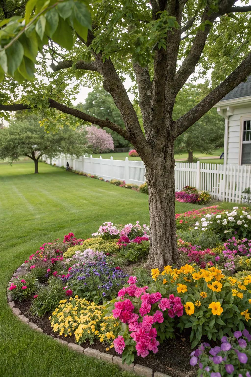 A tree embraced by a vibrant flower bed, infusing a burst of color into the landscape.