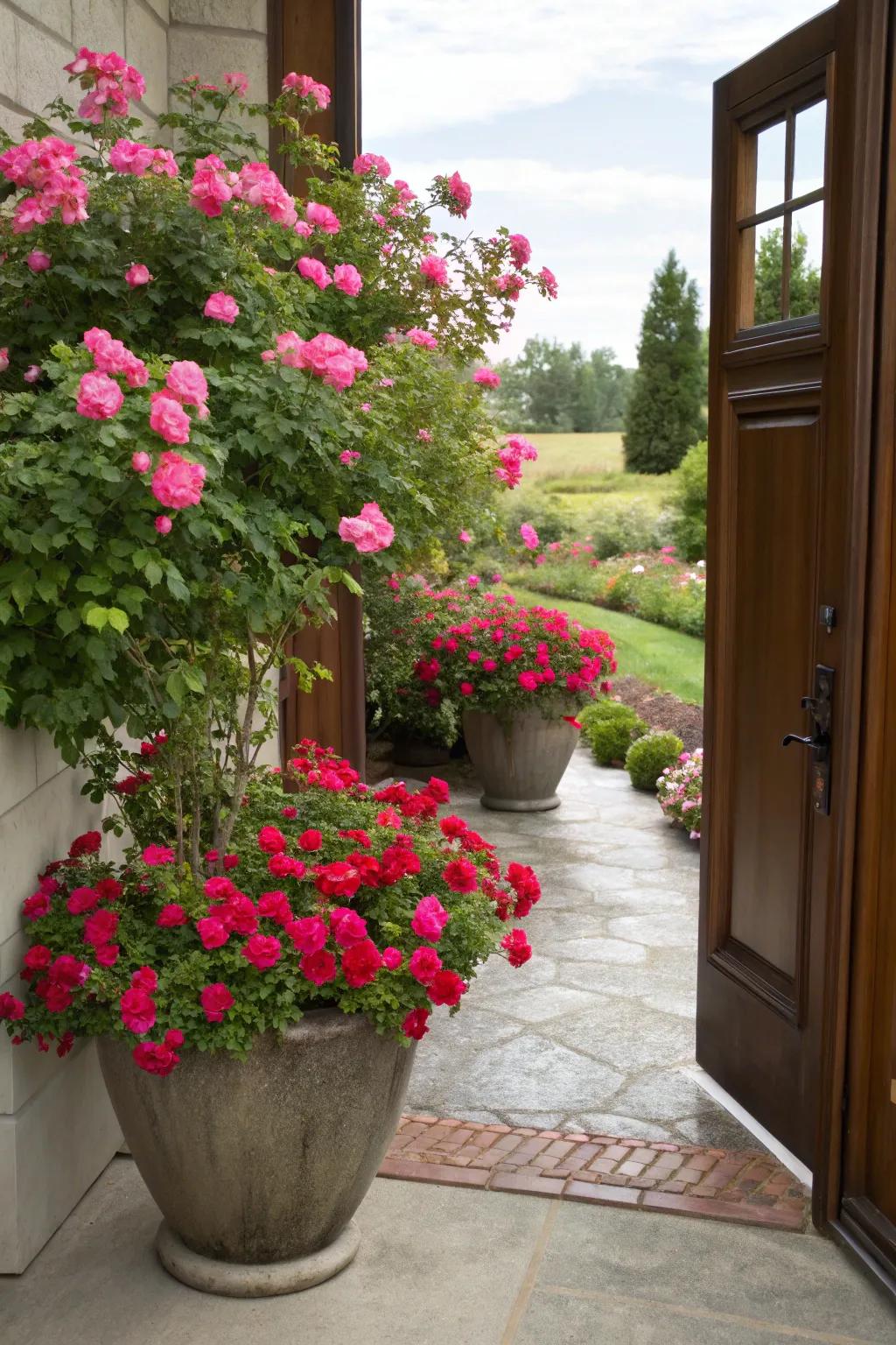 Potted Everbloom roses create a welcoming entrance.
