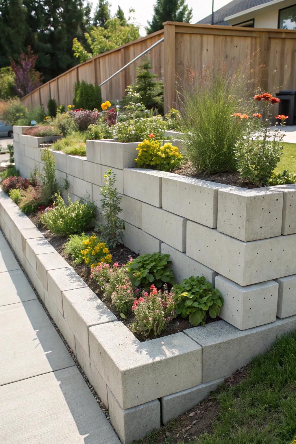Stone blocks deliver a refined, durable alternative for elevated garden beds.
