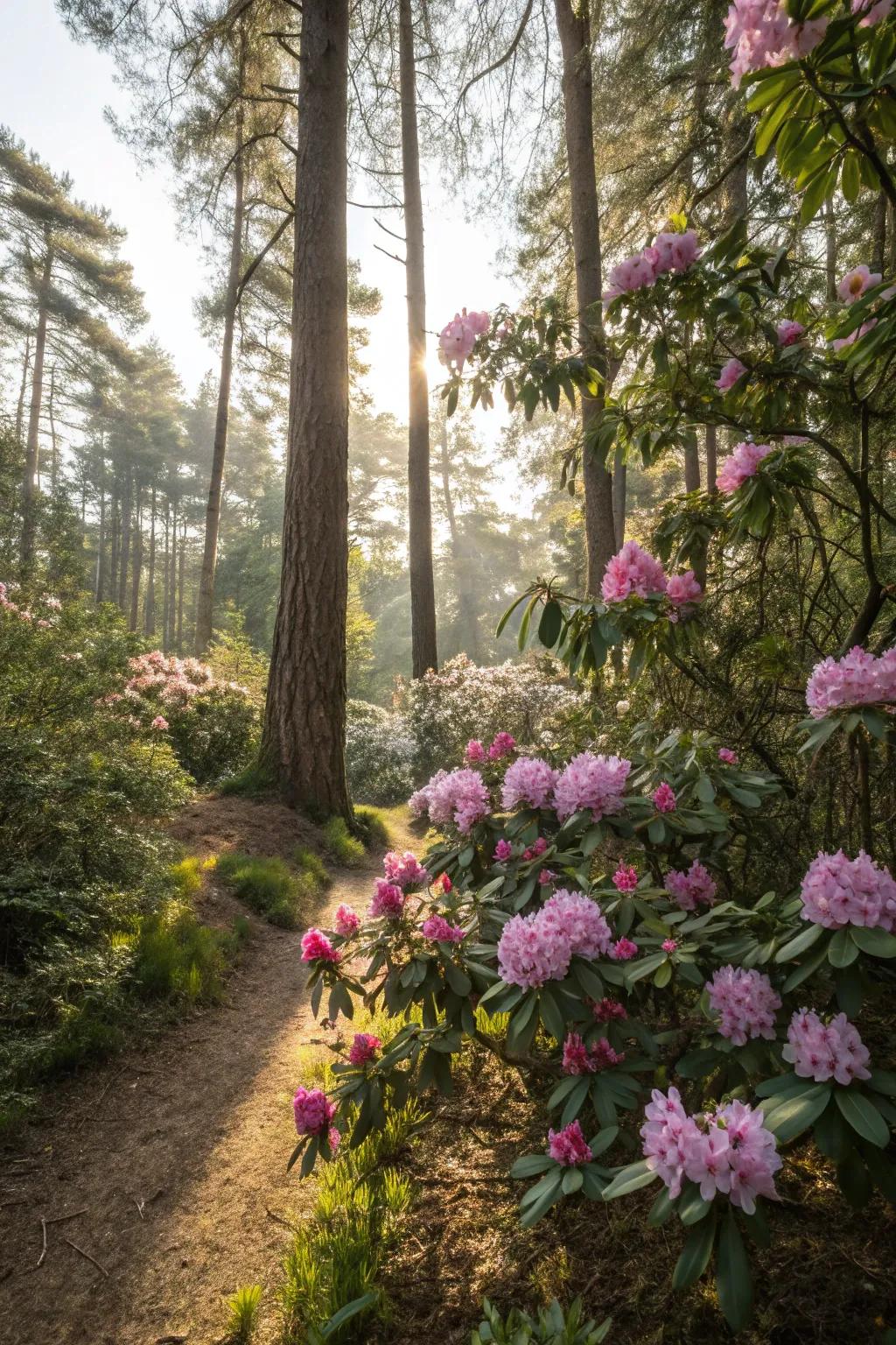 Rhododendrons nestled serenely in a tranquil woodland sanctuary.