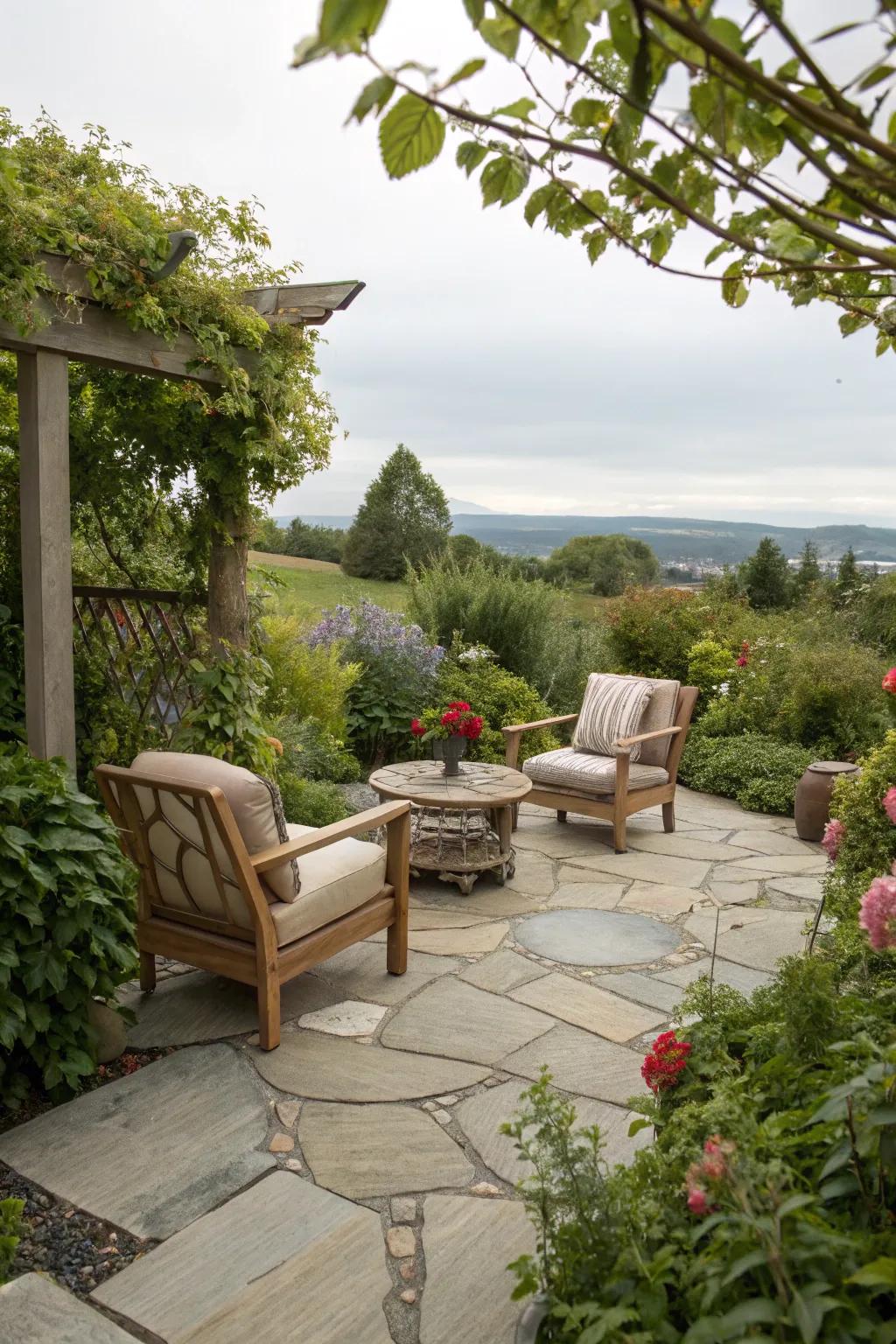Unwind stylishly on a natural stone patio.