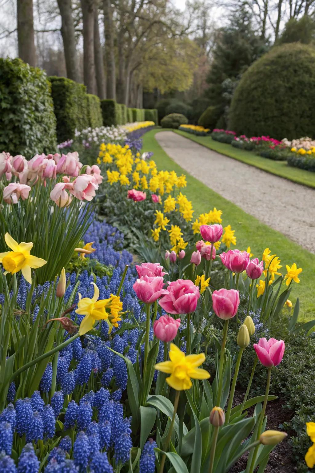 A multi-colored garden arrangement showcasing tulips, daffodils, and hyacinths for a vibrant springtime panorama.