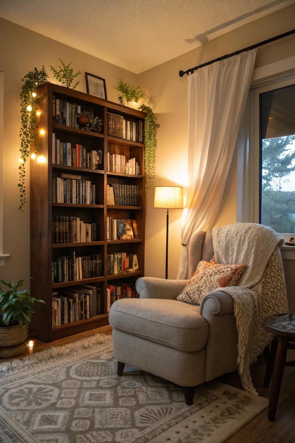 A snug corner enveloped by books entices you to unwind and find peace.