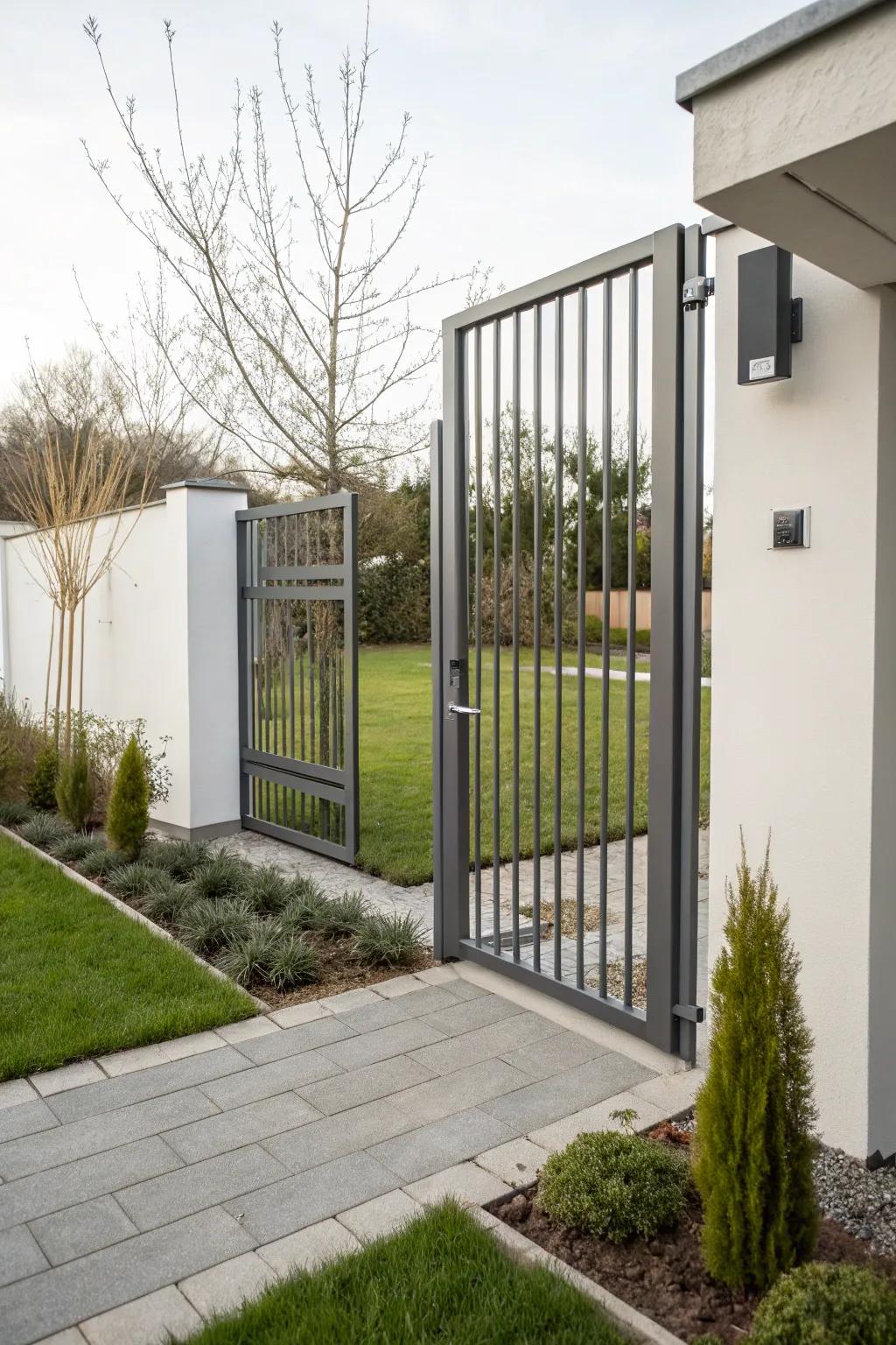 A modern metal slat gate that exudes sophistication and style.