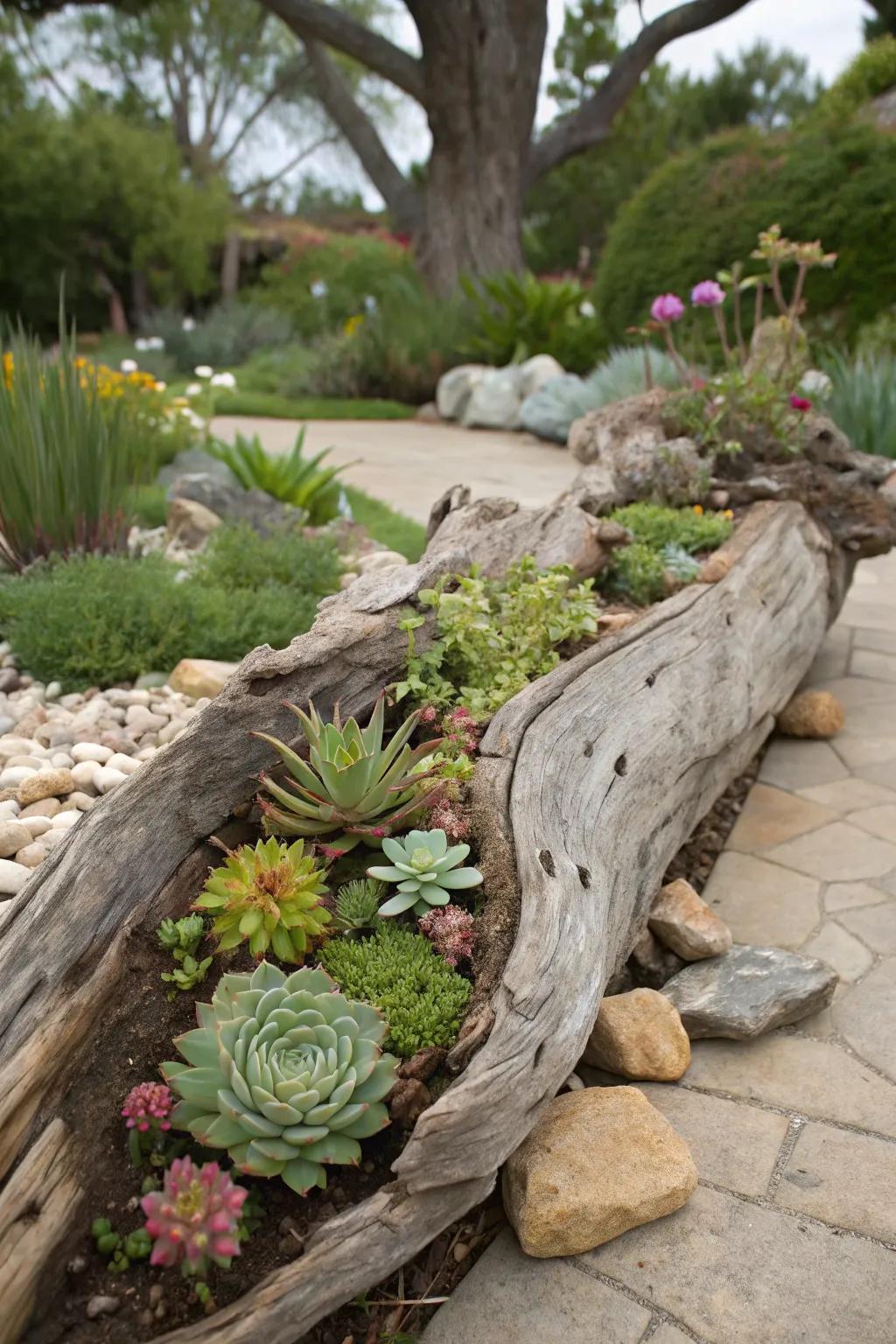 Driftwood repurposed into a natural succulent container.