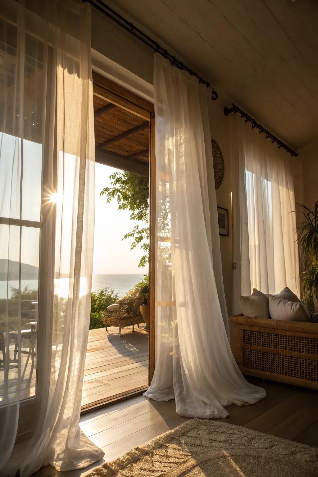 Ethereal curtains craft a luminous and breezy atmosphere.