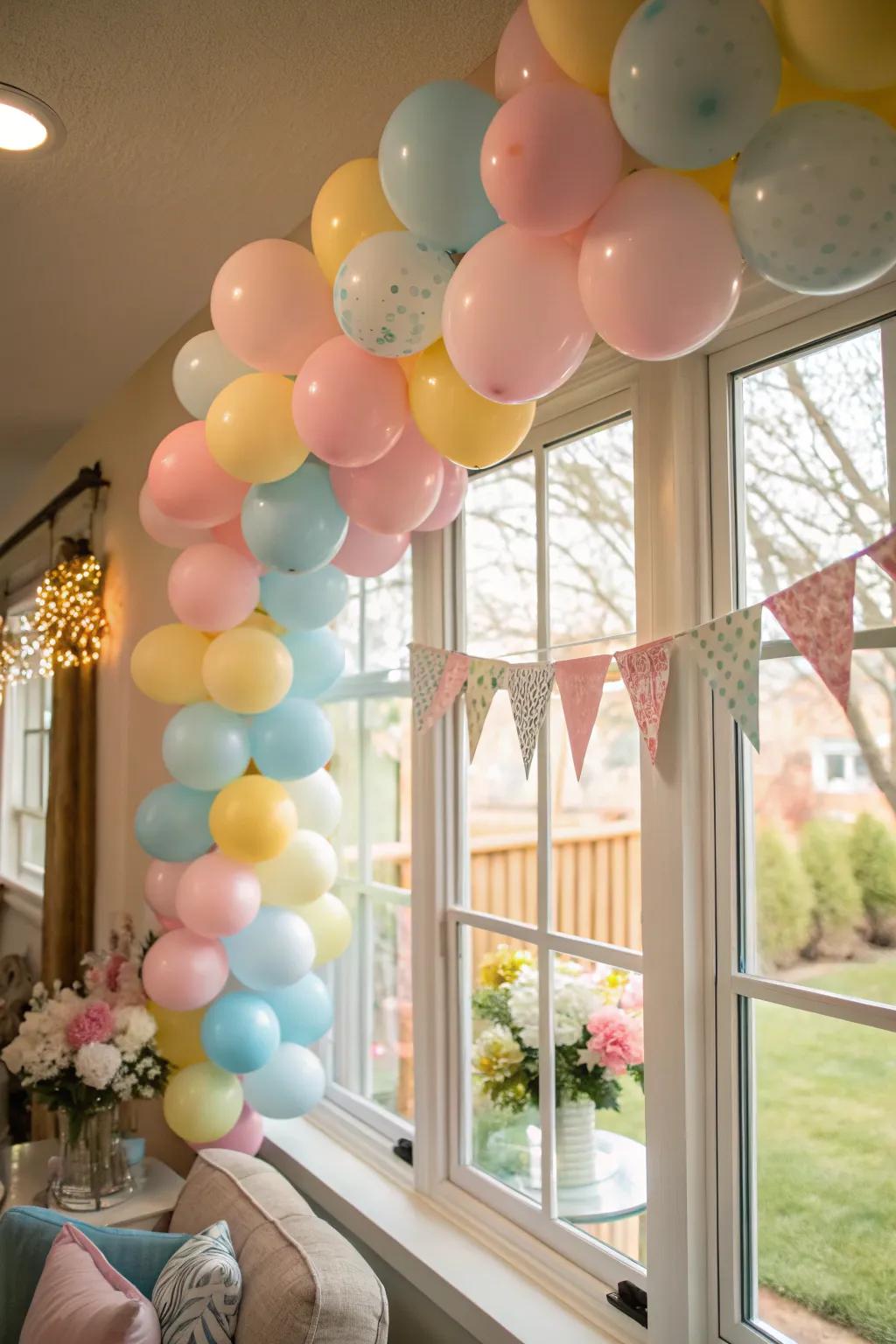 An eye-catching soft-colored balloon archway adorns a window, creating a festive ambiance.