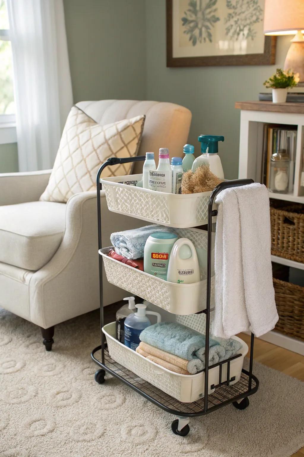 A chic rolling cart allows effortless access to all your laundry needs.