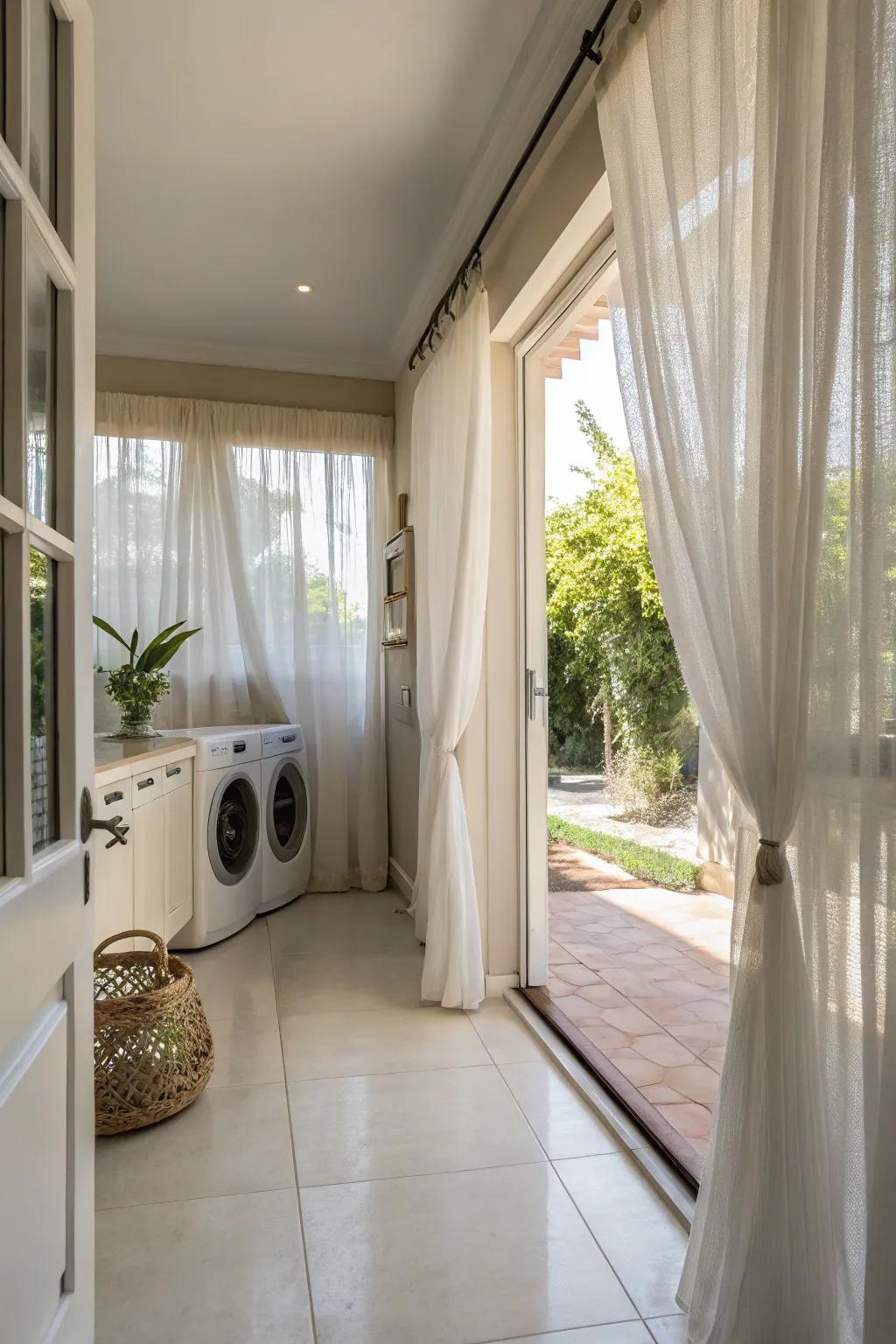 Delicate drapes lend a light and breezy feel to any laundry room.