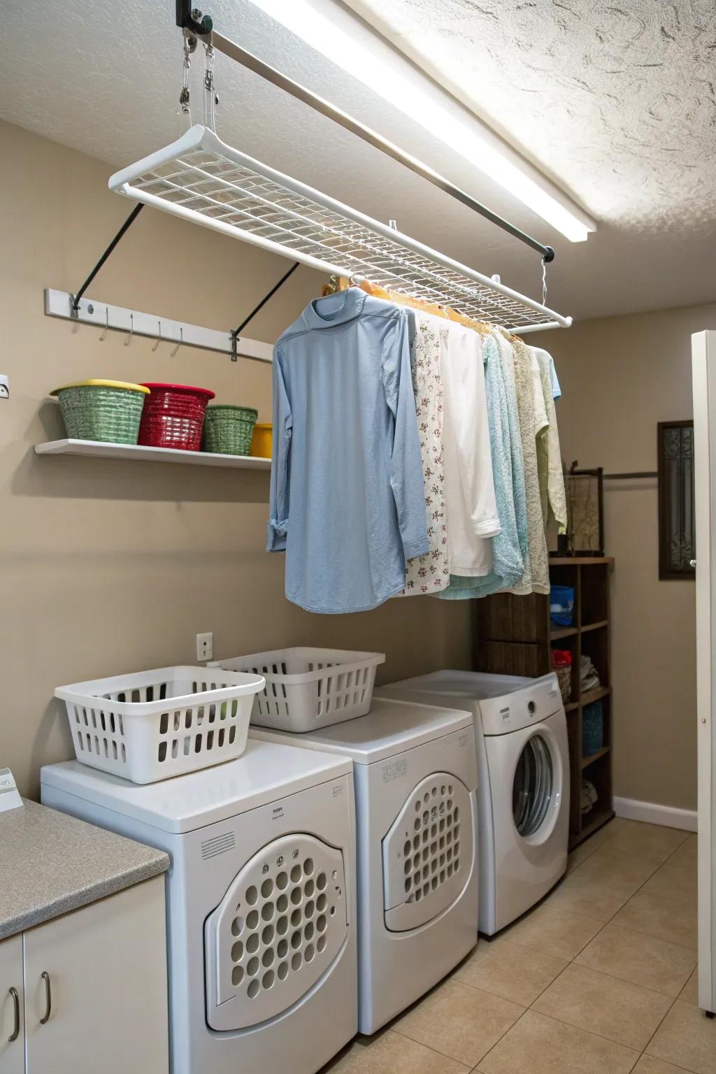 An elevated suspension system efficiently using the ceiling area in a laundry room.