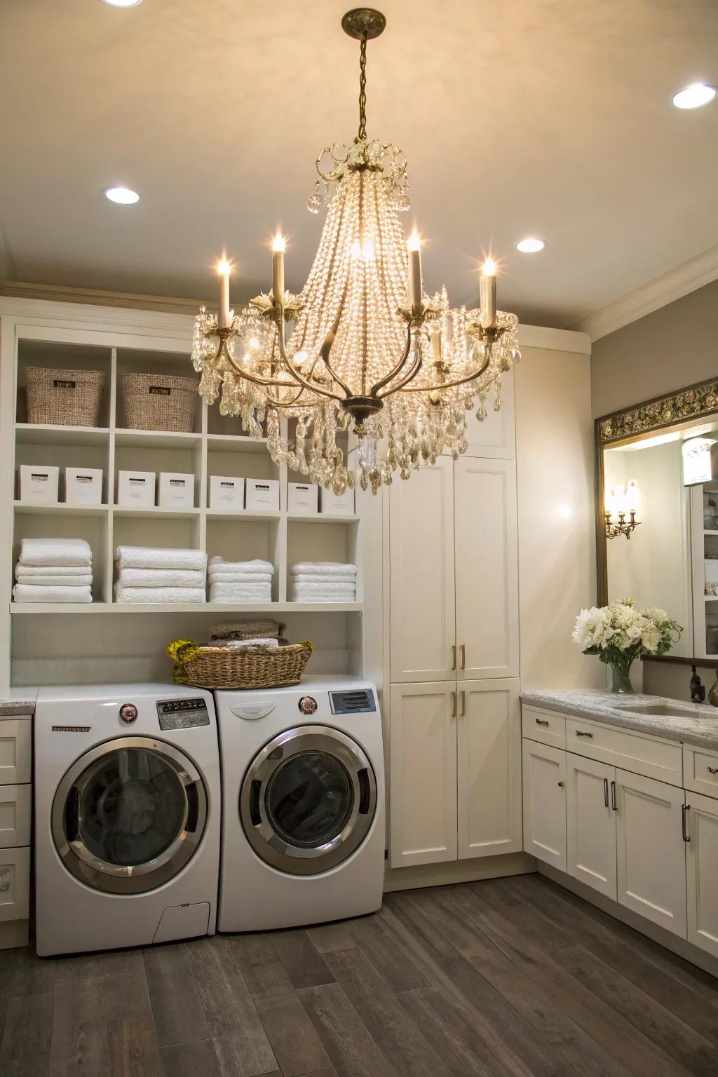 A statement light lends an unexpected note of luxury to your laundry room.