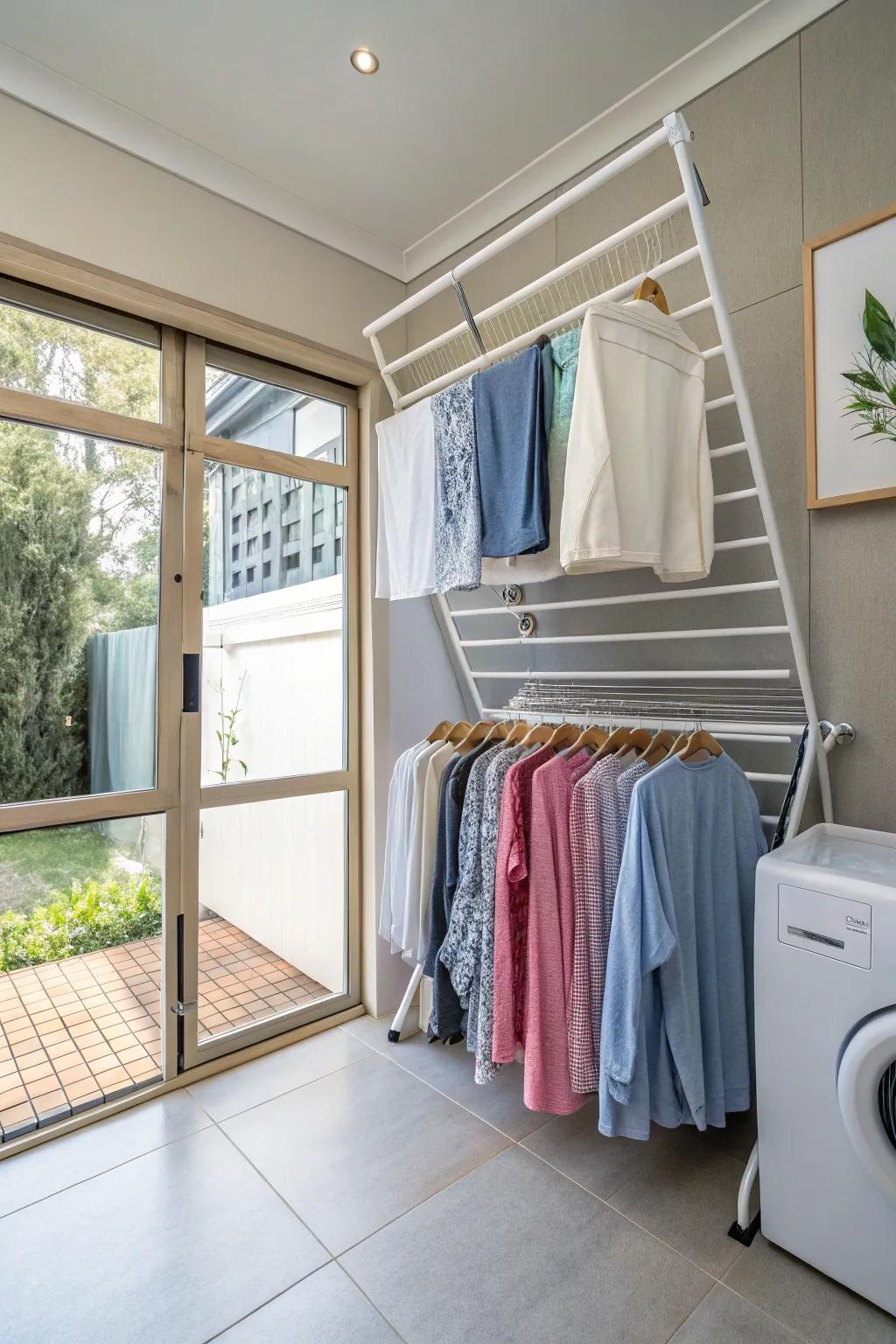 Retractable drying racks help you save space and reduce wrinkles.