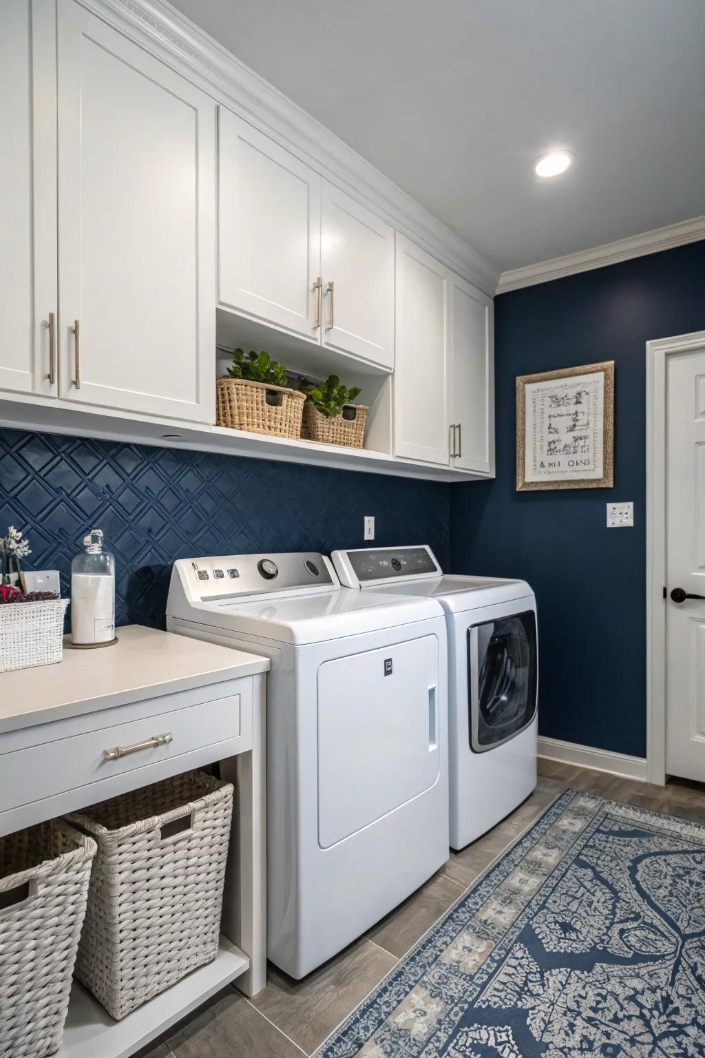 Deep ocean blue infuses a dash of traditional grace into your laundry space.