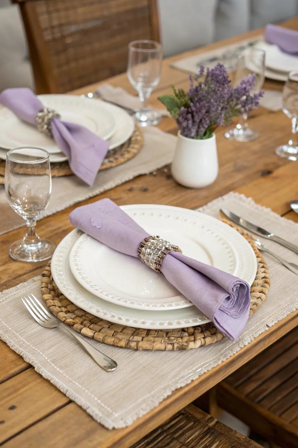 A table setting distinguished by lavender for indelible occasions.