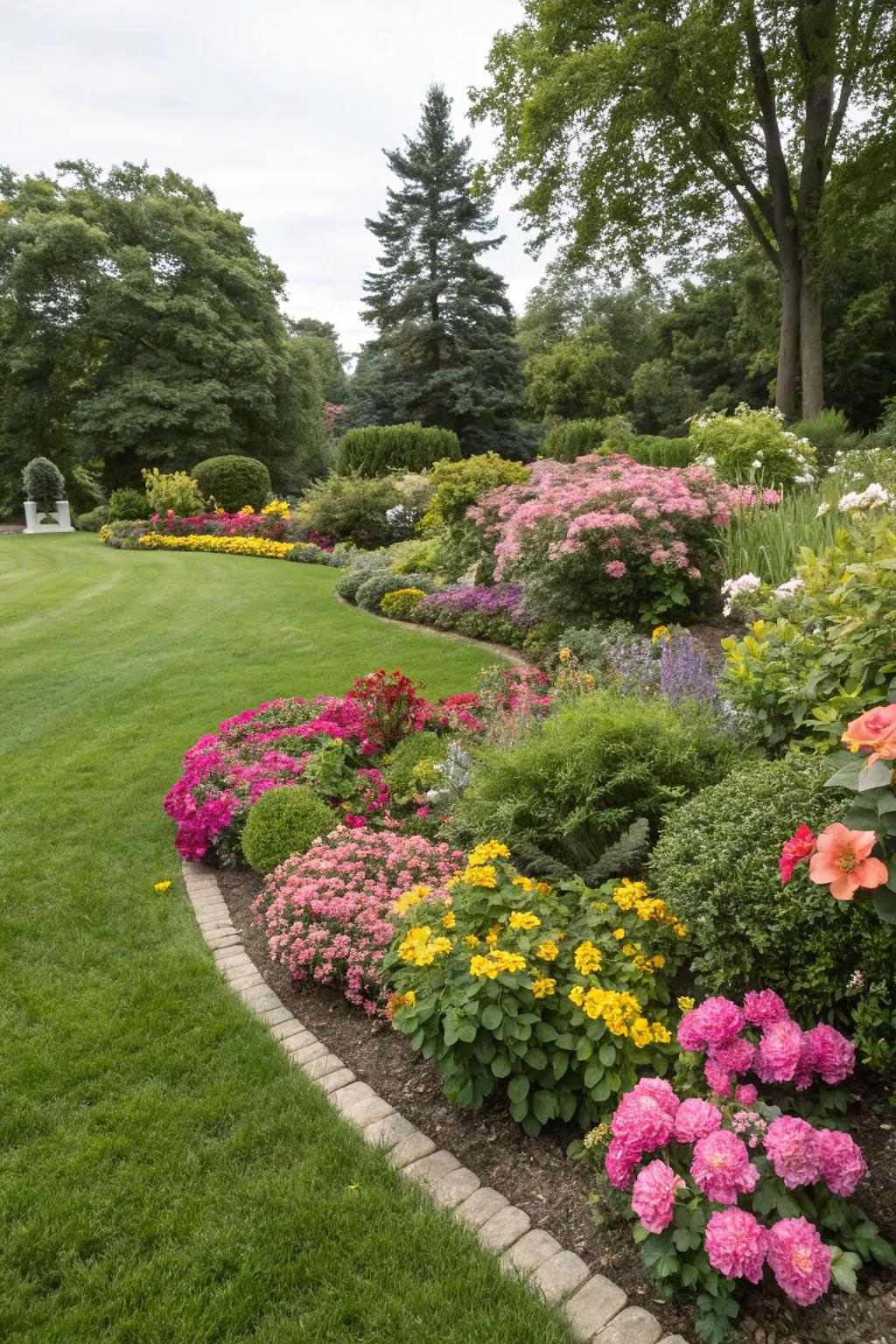 An explosion of color from floral displays that exquisitely enhance the green grass.