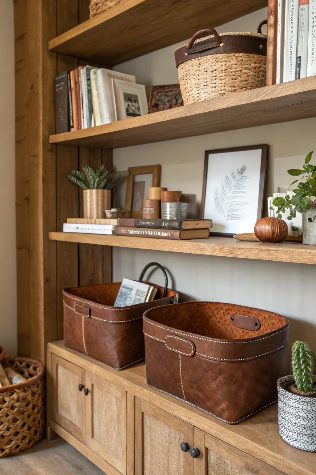 Achieve stylish organization using leather baskets.