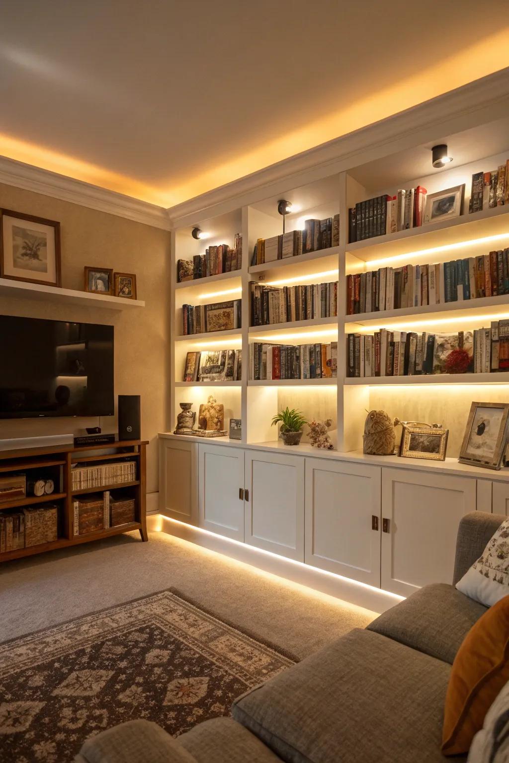 LED band illumination introduces dimension beneath shelving.