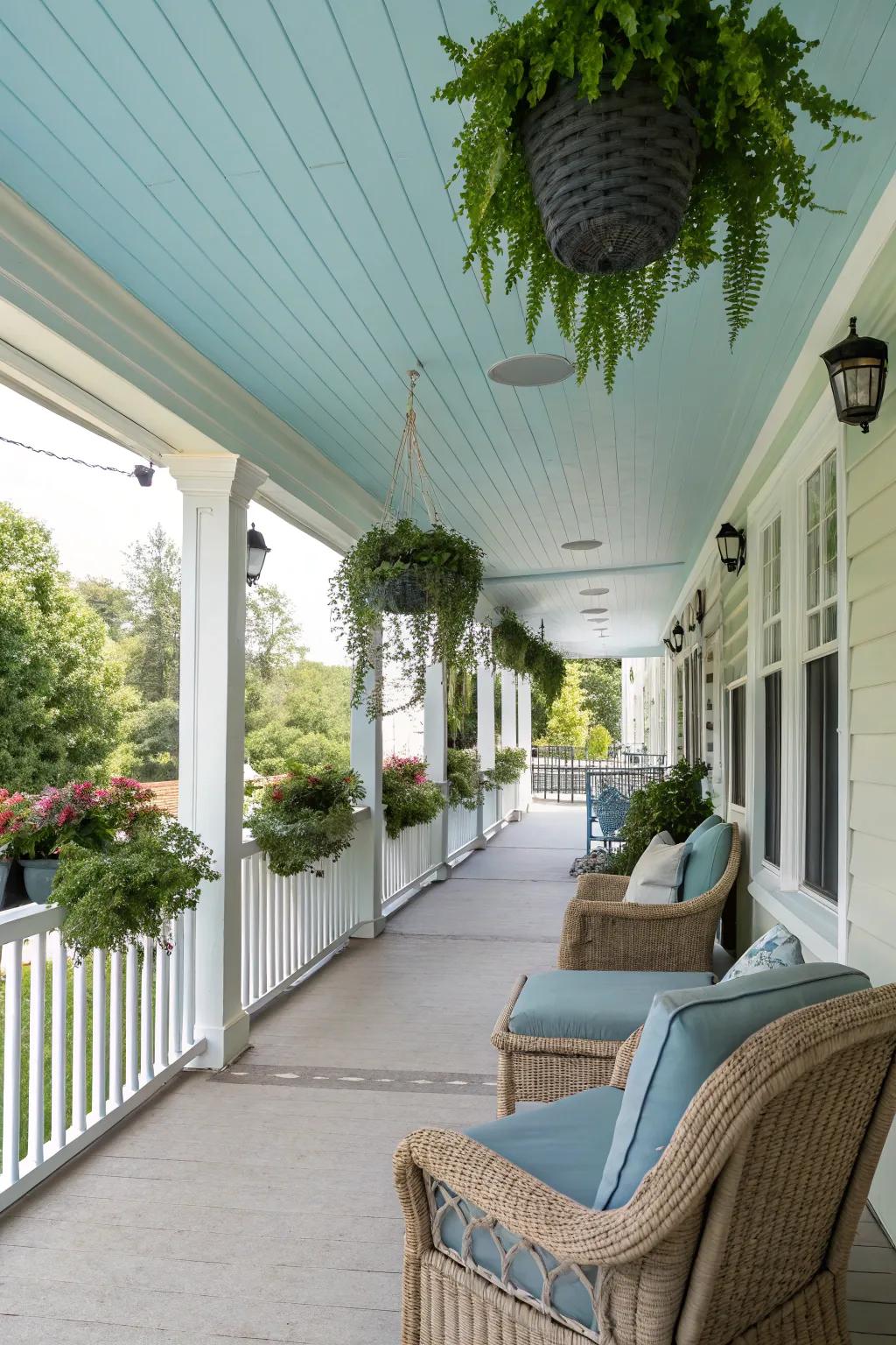A peaceful veranda enhanced by a sky-blue ceiling and plentiful vegetation.