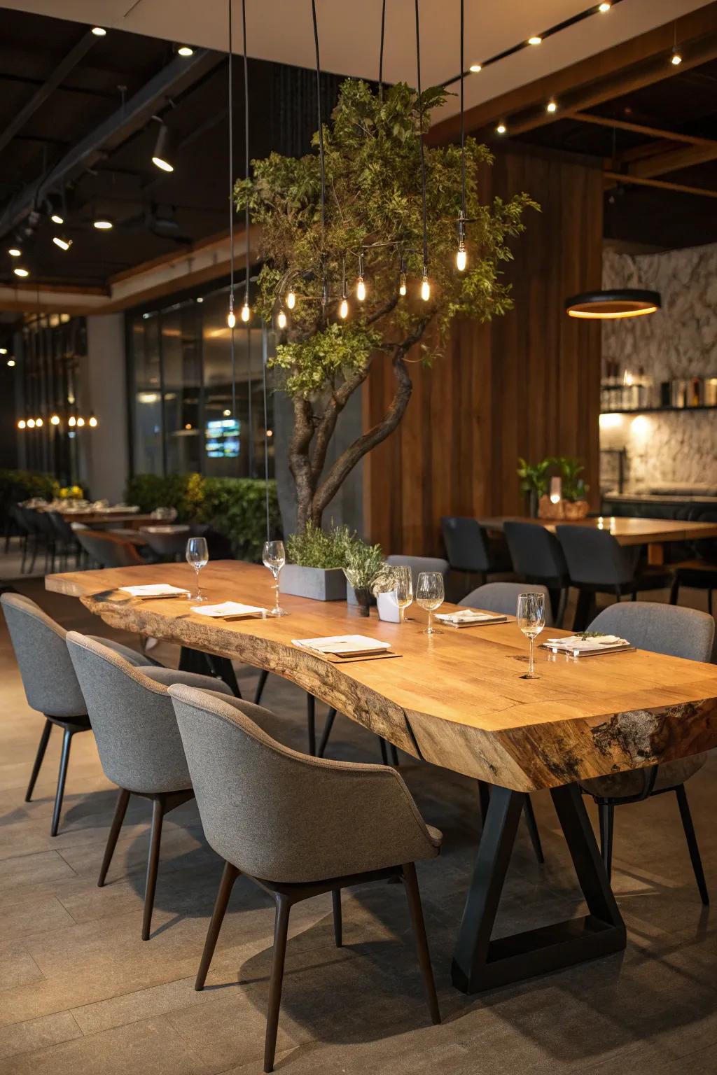 A dining space uplifted by the distinct charm of a live edge table.