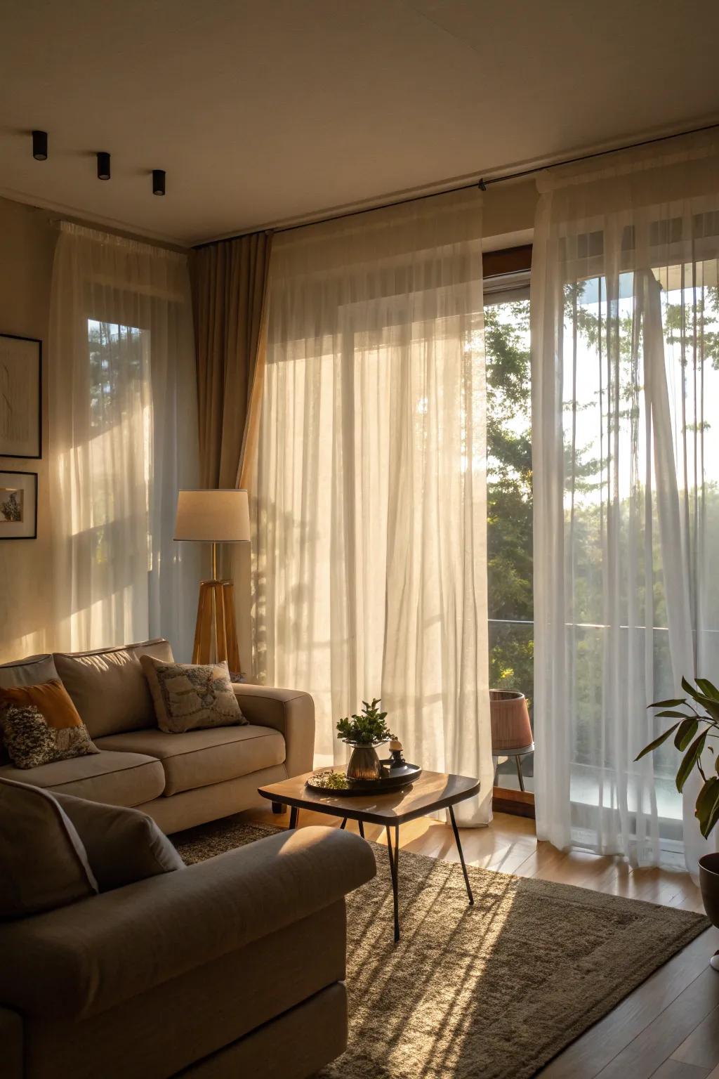 Diaphanous window coverings permit the entry of natural light, ideal for a welcoming and snug living area.