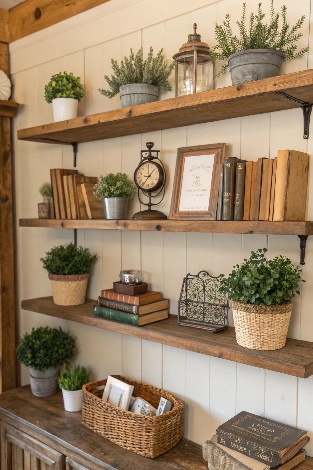 Timber shelving presents a weathered accent and functional storage.