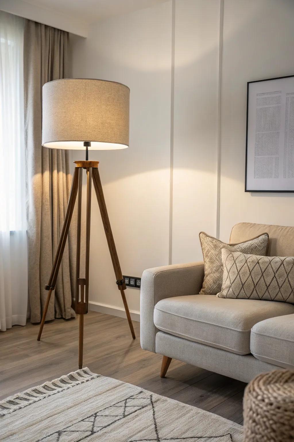 A minimalist family room showcasing a streamlined three-legged floor lamp.
