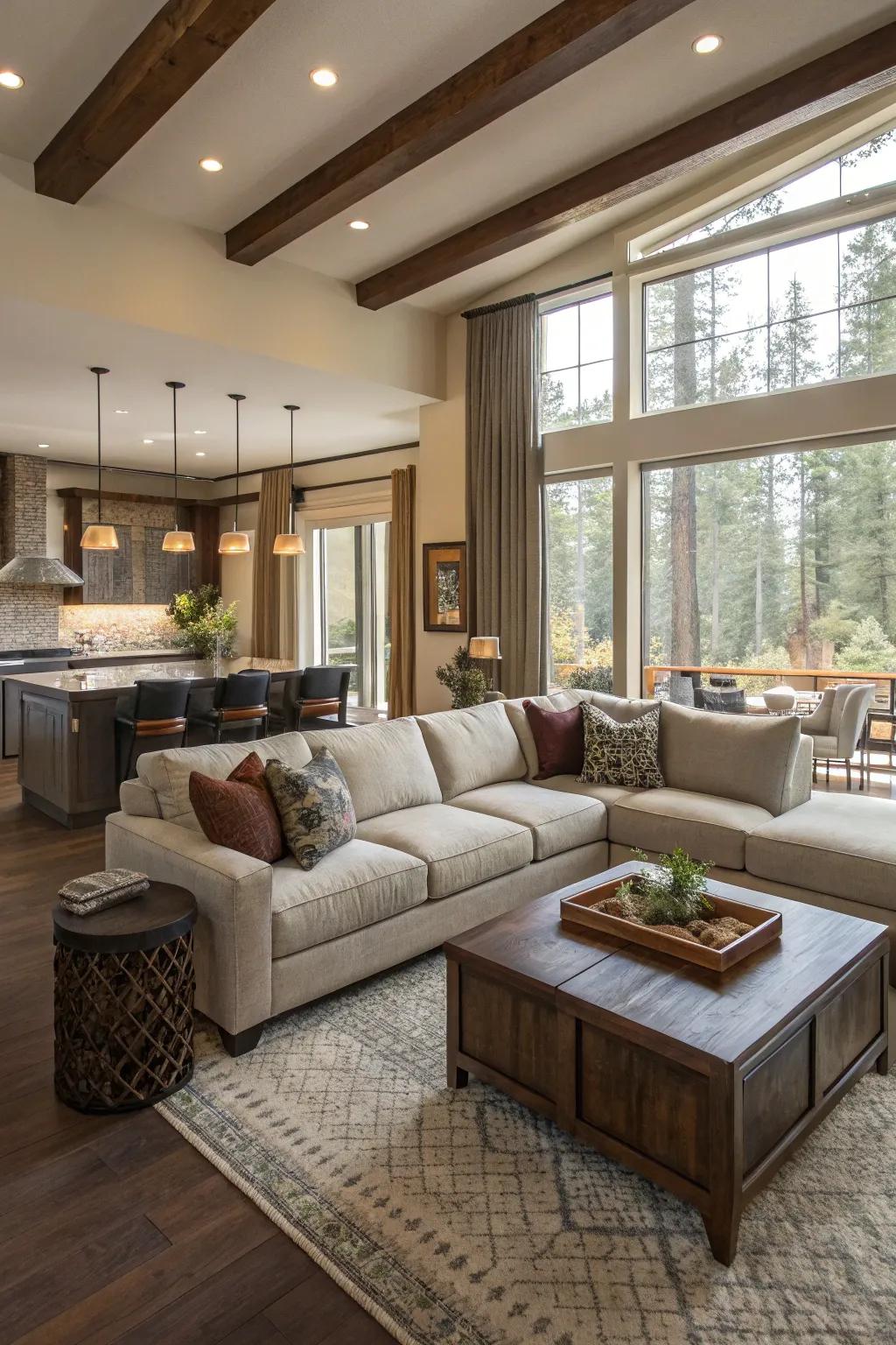 A sectional defining a distinct area in an open-concept living space.