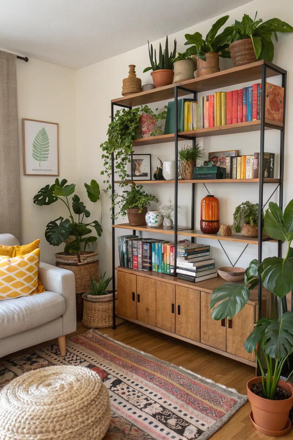 Revealed shelves cultivating a spacious and airy setting.