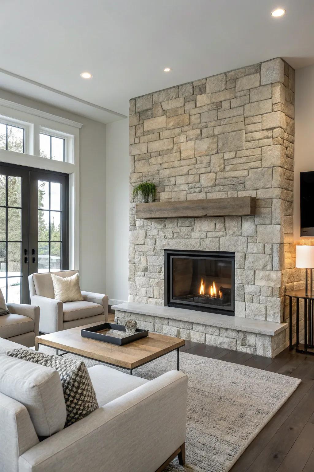 A streamlined stone fireplace for a contemporary and minimalist living room.