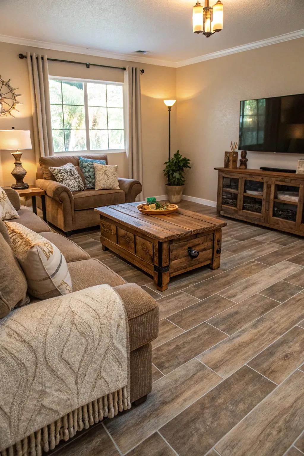 Inviting and snug lounge showcasing timber-simulated stoneware tiles.