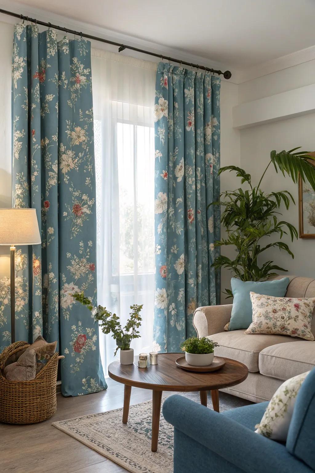 Botanical patterned azure window coverings bestow an enchanting and whimsical nuance to this residing space.