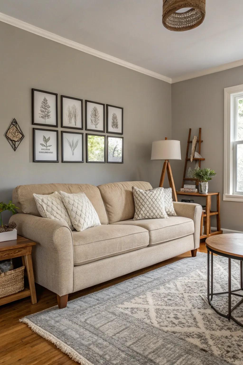 A couch upholstered in neutral tones serves as a versatile starting point for any design of a living room.