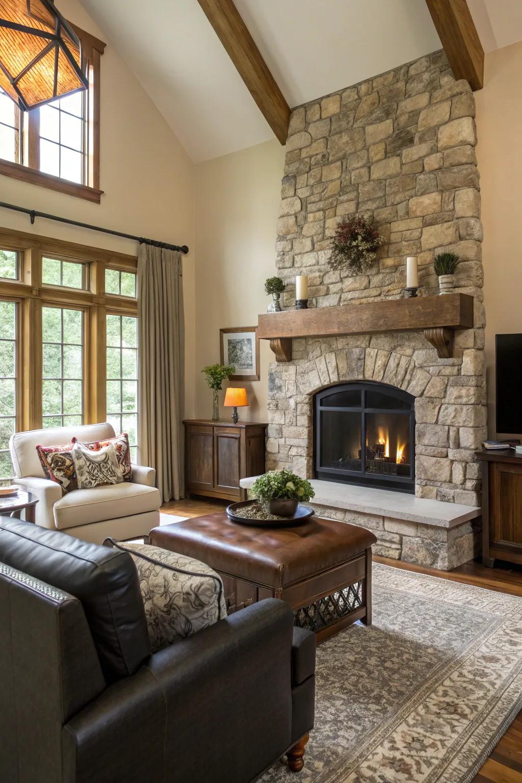 A living room showcases a beautiful combination of modern furnishings with a classic stone fireplace.