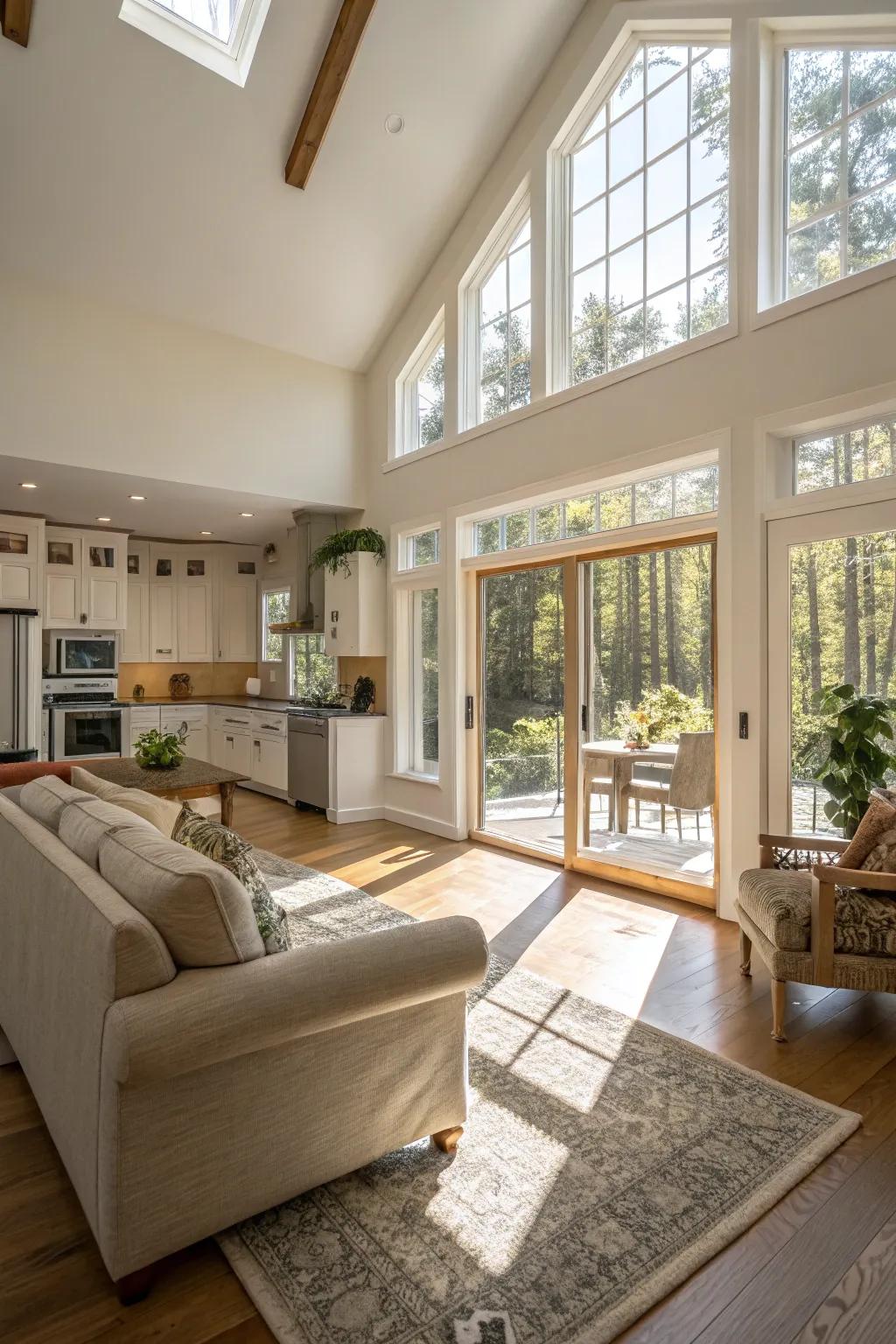 A sunlit and spacious living room merging with a kitchen, overflowing with natural light.