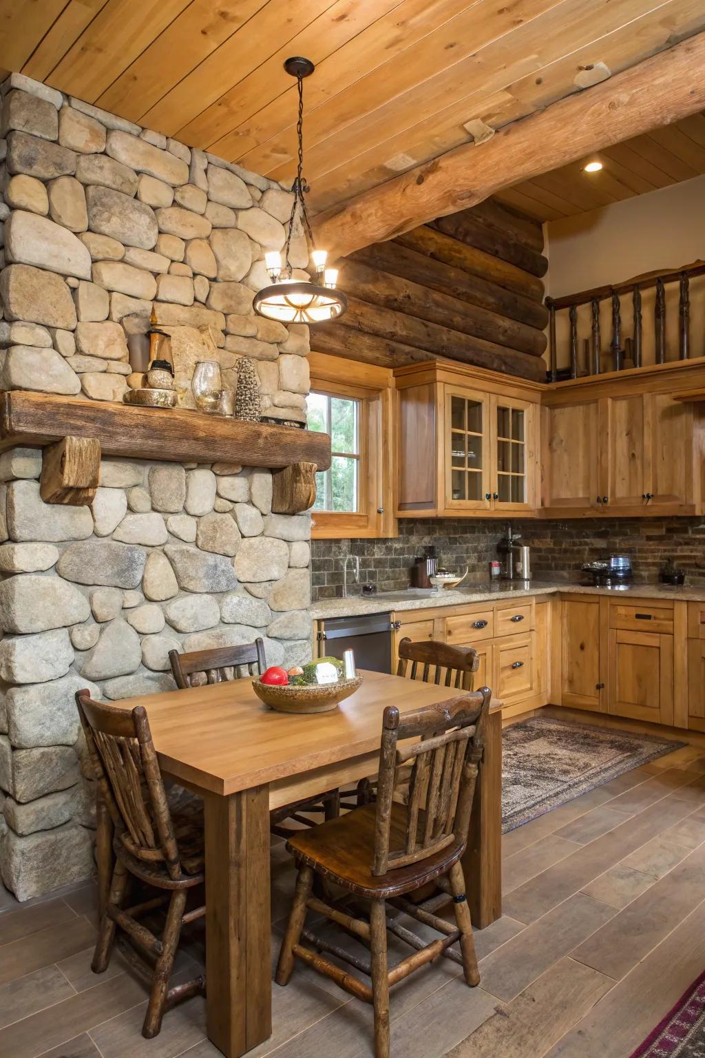 A rustic kitchen presents a boulder backsplash, which is an optimal complement for timber elements.