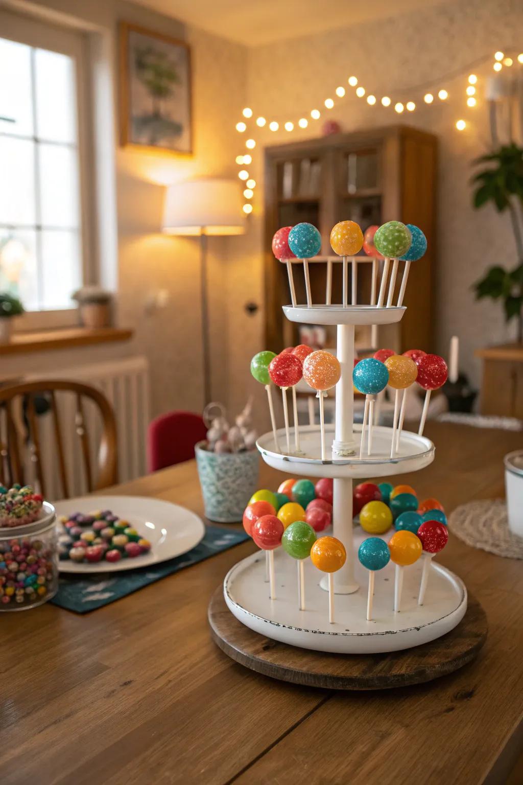 The tiered display transforms ordinary lollipops into a refined table adornment.