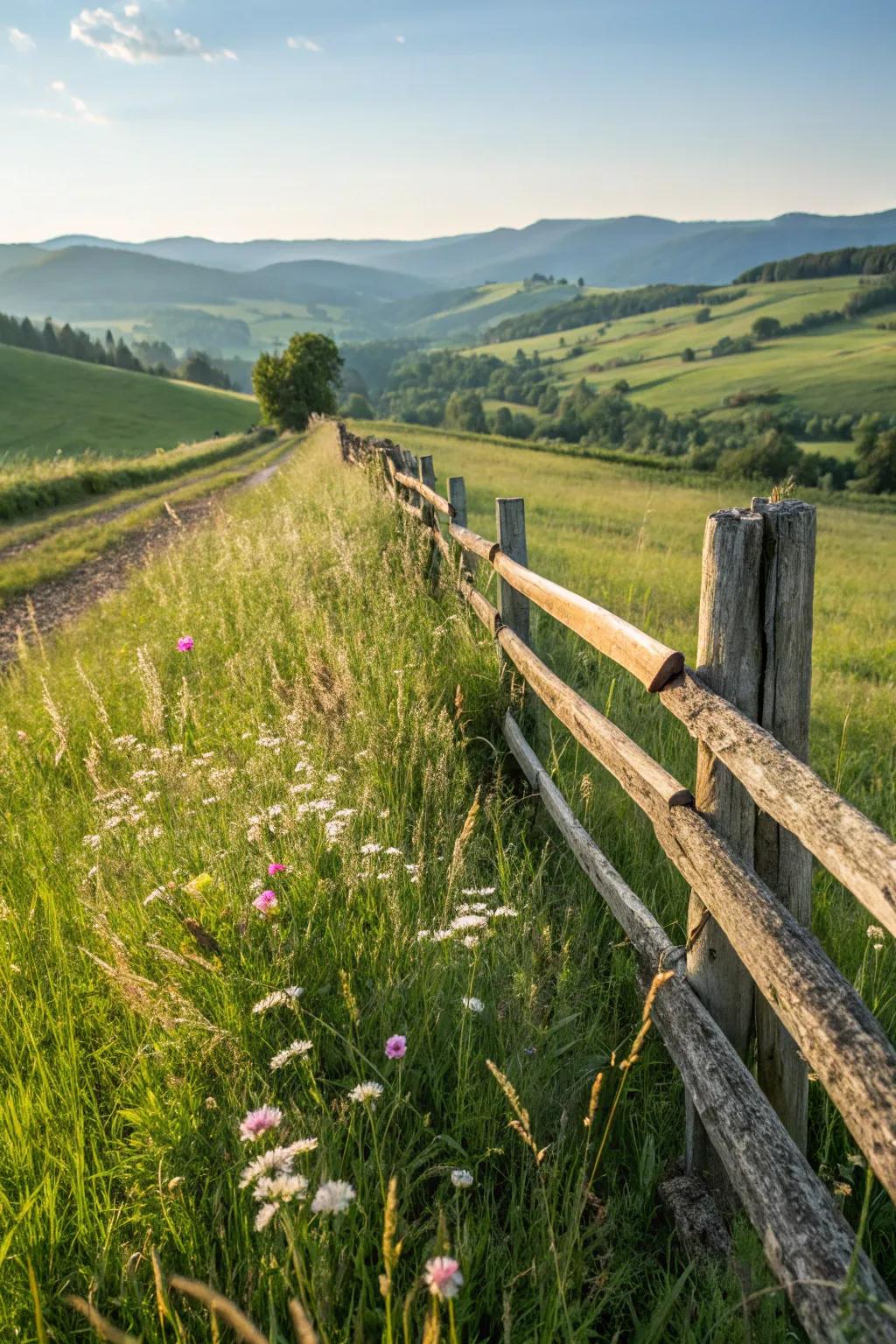 An unrefined split-rail fence elegantly melds with the inherent scenery.